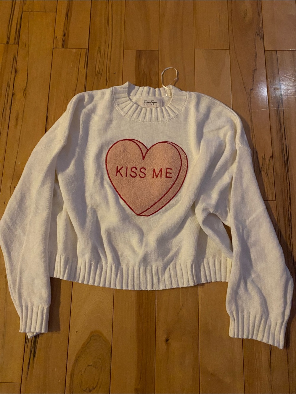 Jessica Simpson White Crewneck Sweater with Pink Heart and Red Text